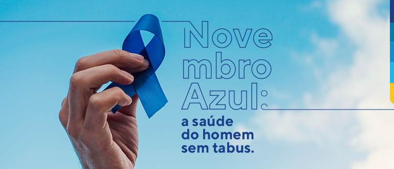 Laço azul ilustra a campanha que incentiva o autoexame para prevenção do câncer de testículo - Qualicorp