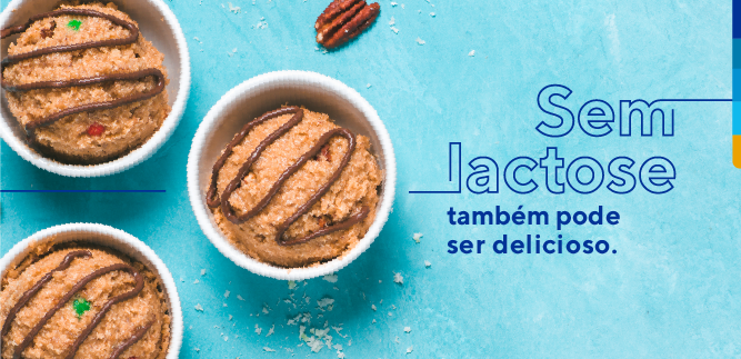 Potes de sorvete sem lactose com texto: Sem lactose também pode ser delicioso.