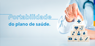 Texto: Portabilidade do plano de saúde. Ao lado médica empilhando bloquinhos com ícones de saúde dentro.