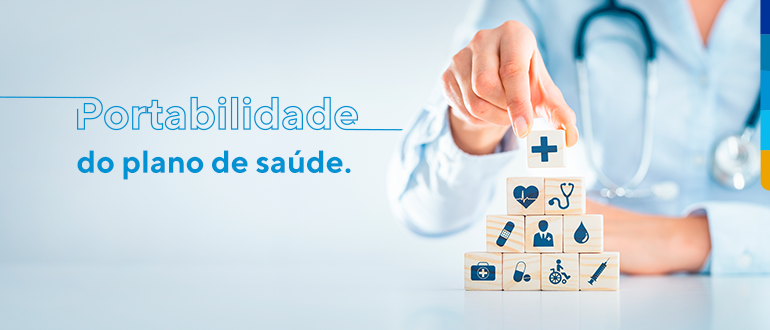 Texto: Portabilidade do plano de saúde. Ao lado médica empilhando bloquinhos com ícones de saúde dentro. 