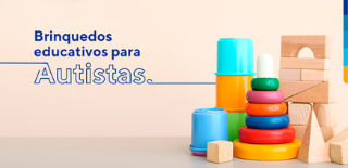 Texto: Brinquedos educativos para autistas e ao lado, imagem de brinquedos para crianças.