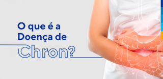 Texto: O que é a Doença de Chron? Ao lado, foto de uma pessoa com os braços ao redor da barriga.