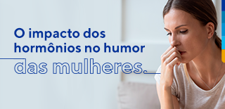 Texto: O impacto dos hormônios no humor das mulheres. Ao lado, foto de mulher pensativa.