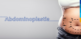 Texto: Abdominoplastia Ao lado imagem da cintura de uma pessoa com desenhos pontilhados.