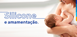 Texto Silicone e amamentação. Ao lado imagem uma mulher amamentando bebê.