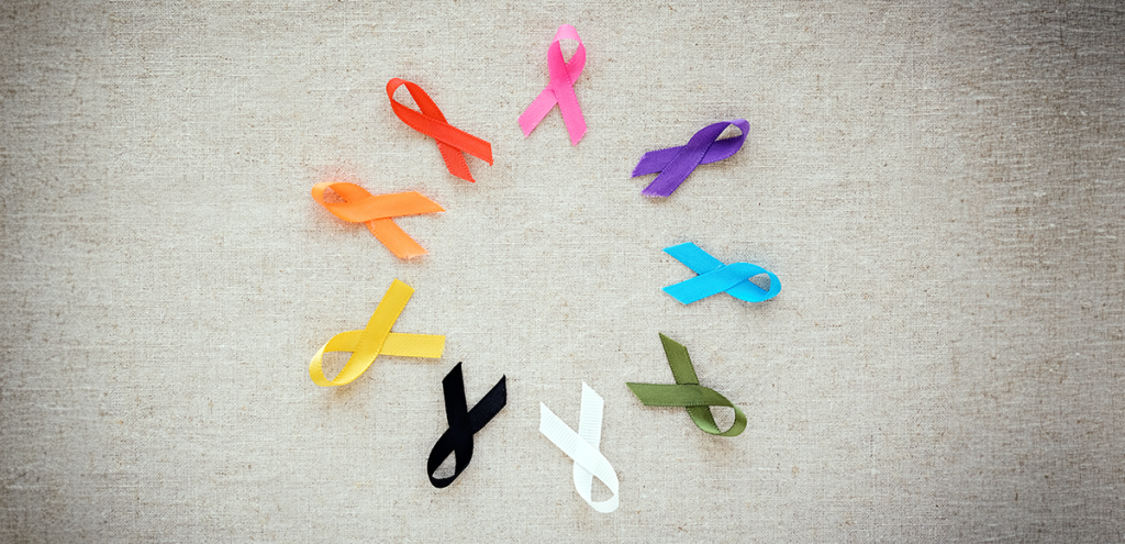 Dia Nacional de Combate ao Câncer, laços com diversas cores, simbolizando os diversos tipos de câncer