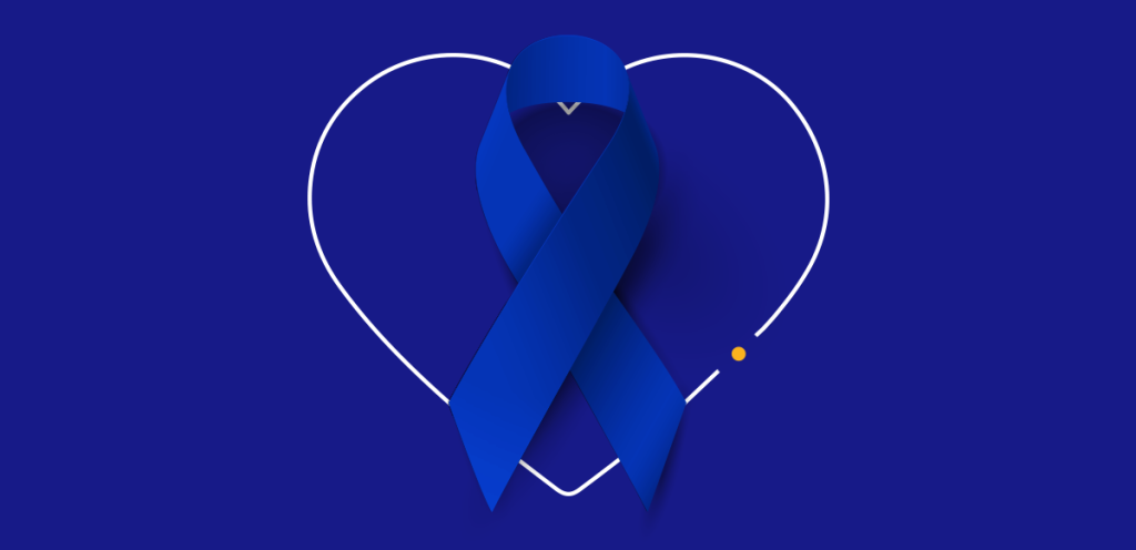imagem de um laço na cor azul marinho, em volta dele tem um coração referenciando a esfera da Quali, simbolizando o Março Azul Marinho