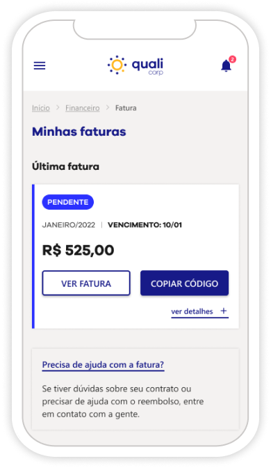 Página de fatura do App Qualicorp.