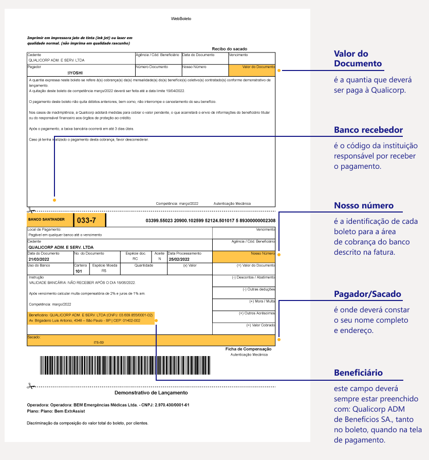 Imagem explicativa sobre o boleto do banco Santander.