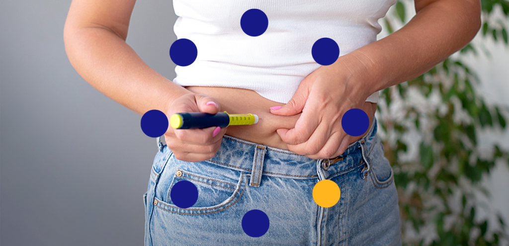 Imagem ilustrativa sobre diabetes e canetas emagrecedoras, mostrando a aplicação de medicação injetável na região do abdômen.